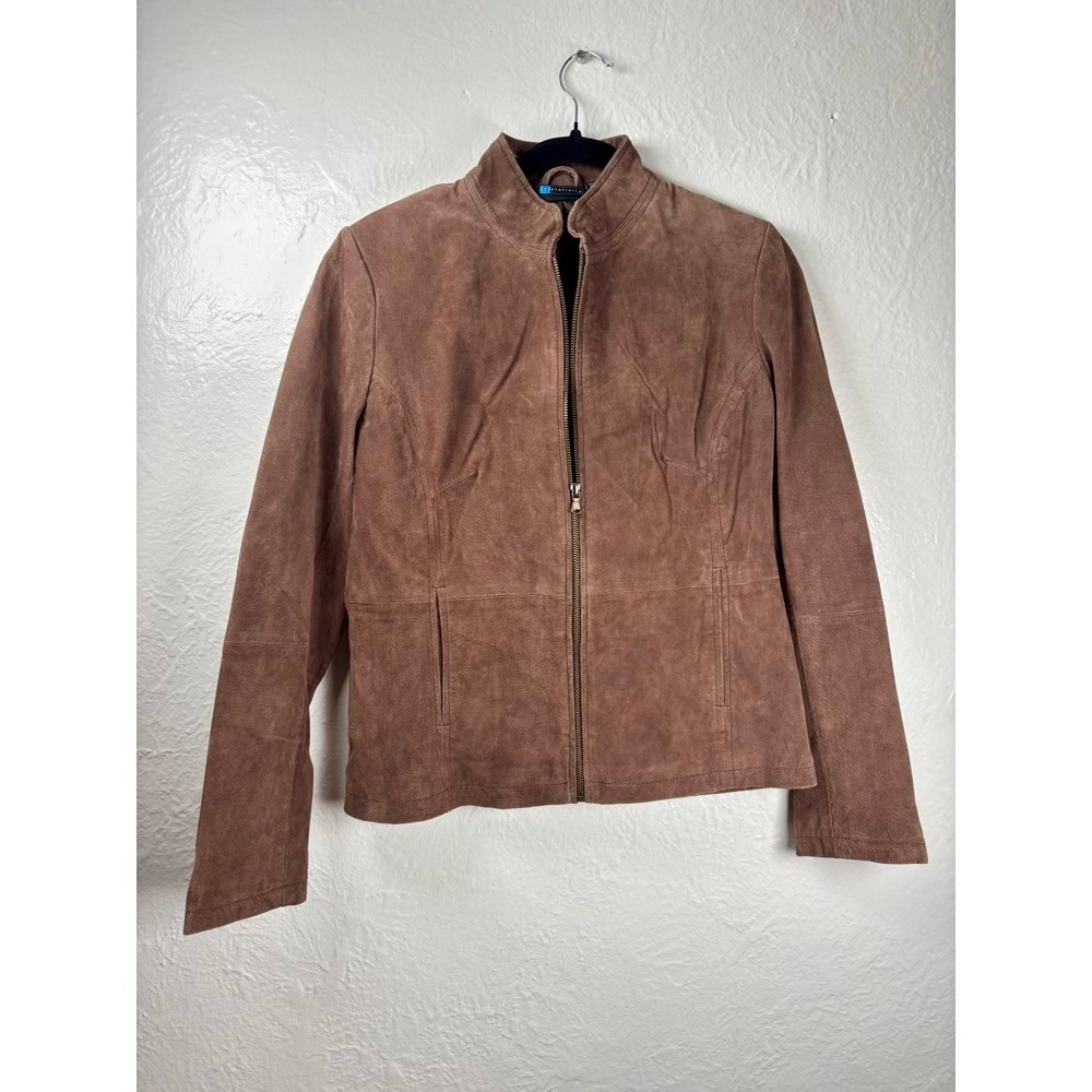 NEW Suede Leather Jacket Mock Neck Zip Front Brown Medium Earthy Luxury Academia